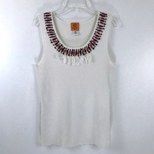 Ruby Rd. White Beaded Tassel Ribbed Tank Top PXL